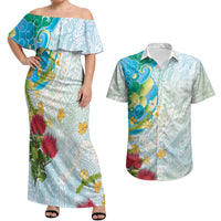 Japanese and Hawaiian Culture Fusion Couples Matching Off Shoulder Maxi Dress and Hawaiian Shirt Irezumi with Turtles and Lei Kakau Pattern Fresh Vibe