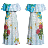 Japanese and Hawaiian Culture Fusion Couples Matching Off Shoulder Maxi Dress and Hawaiian Shirt Irezumi with Turtles and Lei Kakau Pattern Fresh Vibe