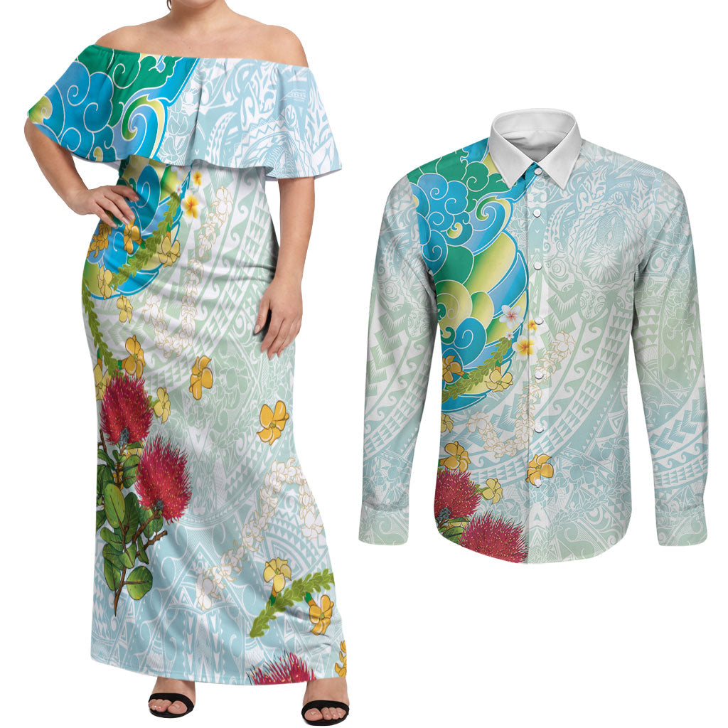Japanese and Hawaiian Culture Fusion Couples Matching Off Shoulder Maxi Dress and Long Sleeve Button Shirt Irezumi with Turtles and Lei Kakau Pattern Fresh Vibe