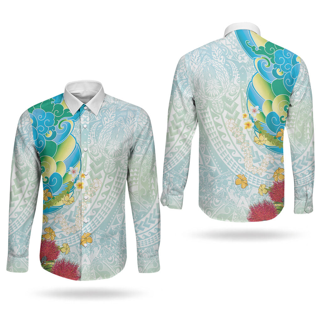 Japanese and Hawaiian Culture Fusion Couples Matching Off Shoulder Maxi Dress and Long Sleeve Button Shirt Irezumi with Turtles and Lei Kakau Pattern Fresh Vibe