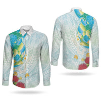 Japanese and Hawaiian Culture Fusion Couples Matching Off Shoulder Maxi Dress and Long Sleeve Button Shirt Irezumi with Turtles and Lei Kakau Pattern Fresh Vibe