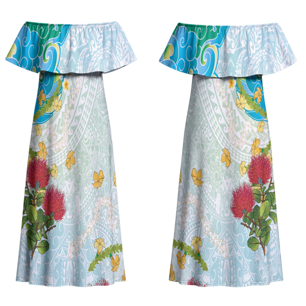 Japanese and Hawaiian Culture Fusion Couples Matching Off Shoulder Maxi Dress and Long Sleeve Button Shirt Irezumi with Turtles and Lei Kakau Pattern Fresh Vibe