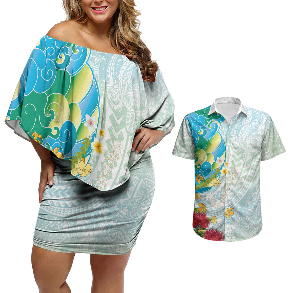 Japanese and Hawaiian Culture Fusion Couples Matching Off Shoulder Short Dress and Hawaiian Shirt Irezumi with Turtles and Lei Kakau Pattern Fresh Vibe