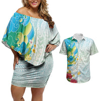 Japanese and Hawaiian Culture Fusion Couples Matching Off Shoulder Short Dress and Hawaiian Shirt Irezumi with Turtles and Lei Kakau Pattern Fresh Vibe