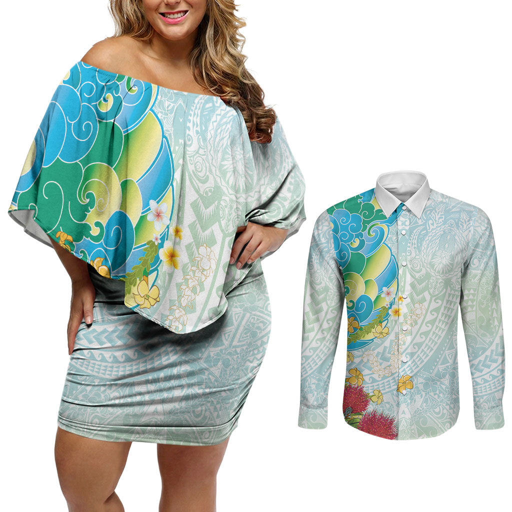 Japanese and Hawaiian Culture Fusion Couples Matching Off Shoulder Short Dress and Long Sleeve Button Shirt Irezumi with Turtles and Lei Kakau Pattern Fresh Vibe