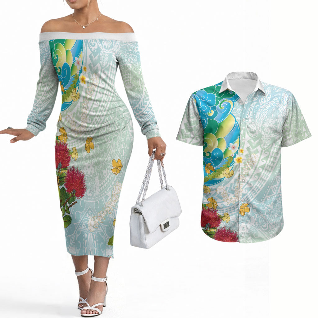 Japanese and Hawaiian Culture Fusion Couples Matching Off The Shoulder Long Sleeve Dress and Hawaiian Shirt Irezumi with Turtles and Lei Kakau Pattern Fresh Vibe LT03 Multicolor - Polynesian Pride