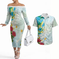 Japanese and Hawaiian Culture Fusion Couples Matching Off The Shoulder Long Sleeve Dress and Hawaiian Shirt Irezumi with Turtles and Lei Kakau Pattern Fresh Vibe