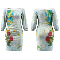 Japanese and Hawaiian Culture Fusion Couples Matching Off The Shoulder Long Sleeve Dress and Hawaiian Shirt Irezumi with Turtles and Lei Kakau Pattern Fresh Vibe