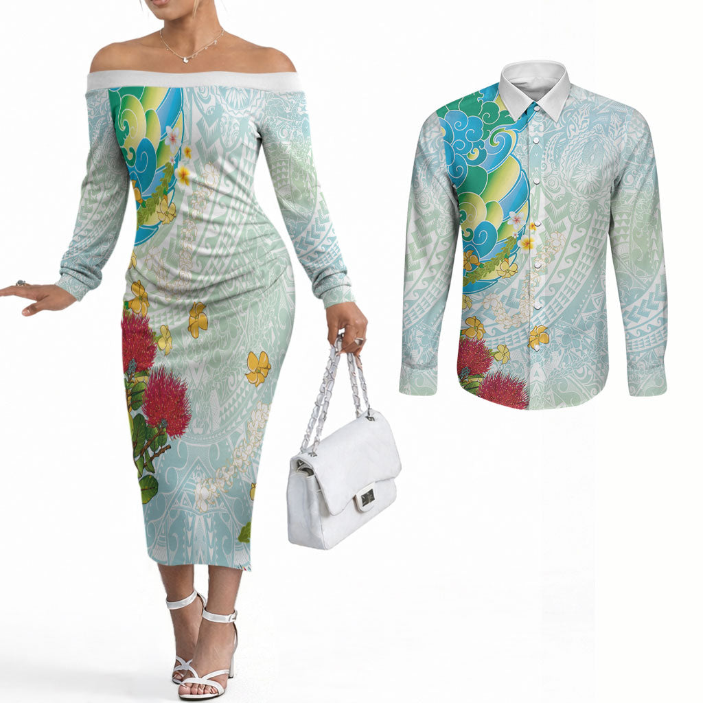 Japanese and Hawaiian Culture Fusion Couples Matching Off The Shoulder Long Sleeve Dress and Long Sleeve Button Shirt Irezumi with Turtles and Lei Kakau Pattern Fresh Vibe LT03 Multicolor - Polynesian Pride