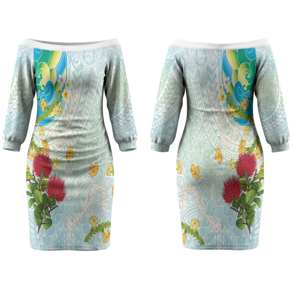 Japanese and Hawaiian Culture Fusion Couples Matching Off The Shoulder Long Sleeve Dress and Long Sleeve Button Shirt Irezumi with Turtles and Lei Kakau Pattern Fresh Vibe
