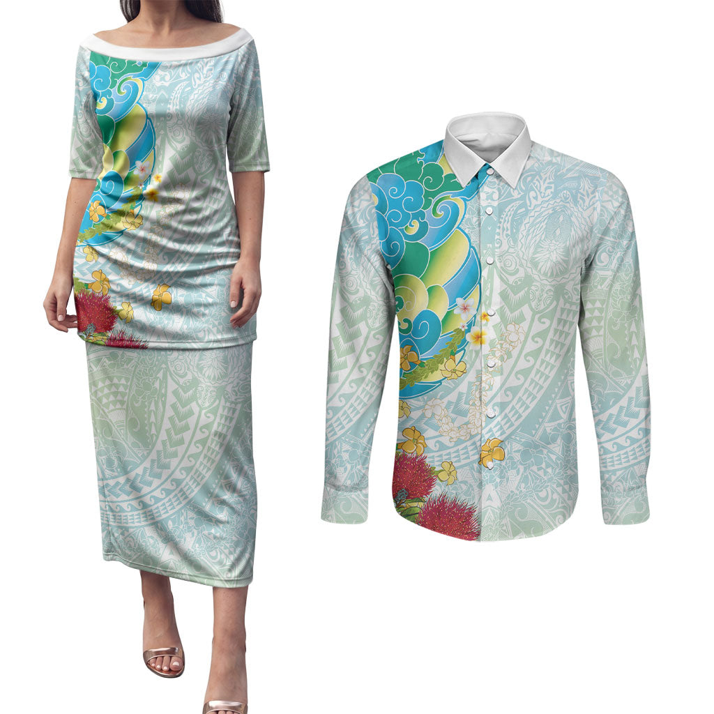 Japanese and Hawaiian Culture Fusion Couples Matching Puletasi and Long Sleeve Button Shirt Irezumi with Turtles and Lei Kakau Pattern Fresh Vibe