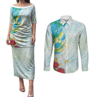 Japanese and Hawaiian Culture Fusion Couples Matching Puletasi and Long Sleeve Button Shirt Irezumi with Turtles and Lei Kakau Pattern Fresh Vibe