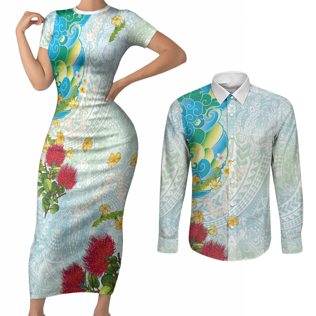 Japanese and Hawaiian Culture Fusion Couples Matching Short Sleeve Bodycon Dress and Long Sleeve Button Shirt Irezumi with Turtles and Lei Kakau Pattern Fresh Vibe LT03 Multicolor - Polynesian Pride