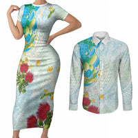 Japanese and Hawaiian Culture Fusion Couples Matching Short Sleeve Bodycon Dress and Long Sleeve Button Shirt Irezumi with Turtles and Lei Kakau Pattern Fresh Vibe