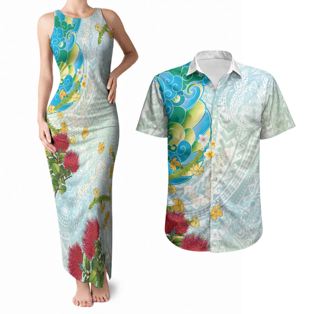 Japanese and Hawaiian Culture Fusion Couples Matching Tank Maxi Dress and Hawaiian Shirt Irezumi with Turtles and Lei Kakau Pattern Fresh Vibe