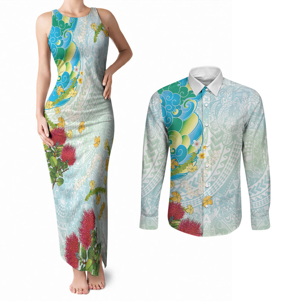 Japanese and Hawaiian Culture Fusion Couples Matching Tank Maxi Dress and Long Sleeve Button Shirt Irezumi with Turtles and Lei Kakau Pattern Fresh Vibe