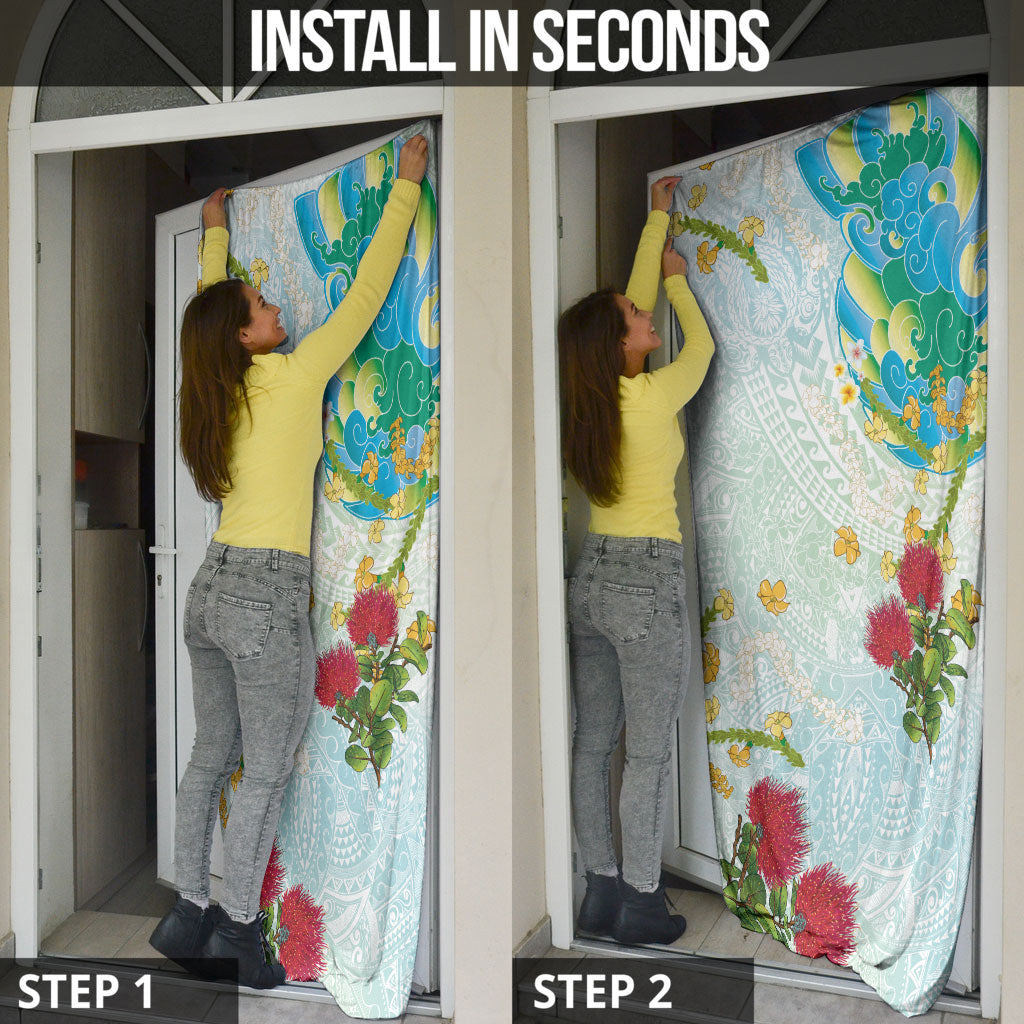 Japanese and Hawaiian Culture Fusion Door Cover Irezumi with Turtles and Lei Kakau Pattern Fresh Vibe