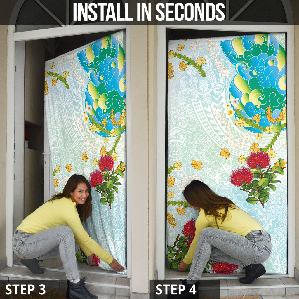 Japanese and Hawaiian Culture Fusion Door Cover Irezumi with Turtles and Lei Kakau Pattern Fresh Vibe