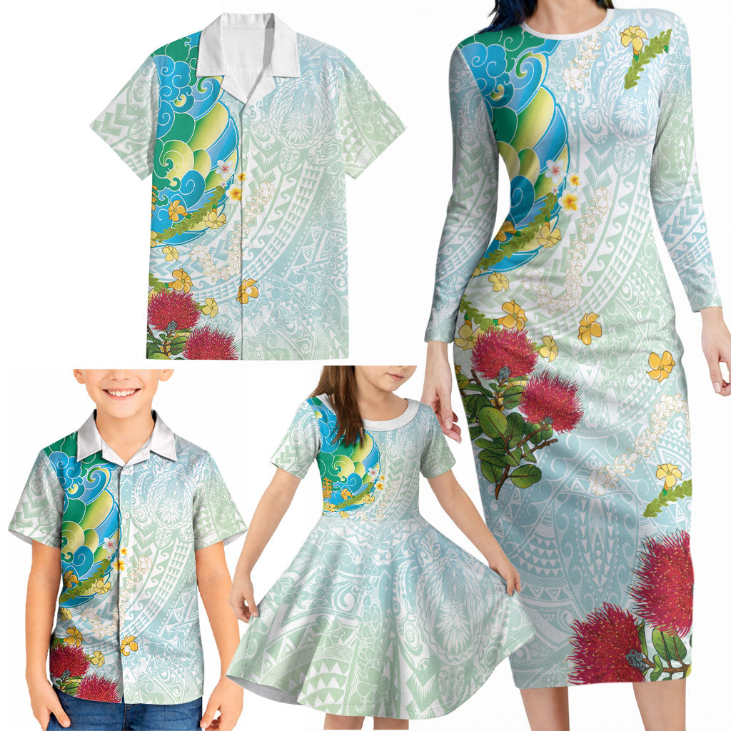 Japanese and Hawaiian Culture Fusion Family Matching Long Sleeve Bodycon Dress and Hawaiian Shirt Irezumi with Turtles and Lei Kakau Pattern Fresh Vibe