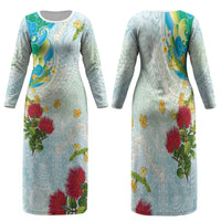 Japanese and Hawaiian Culture Fusion Family Matching Long Sleeve Bodycon Dress and Hawaiian Shirt Irezumi with Turtles and Lei Kakau Pattern Fresh Vibe