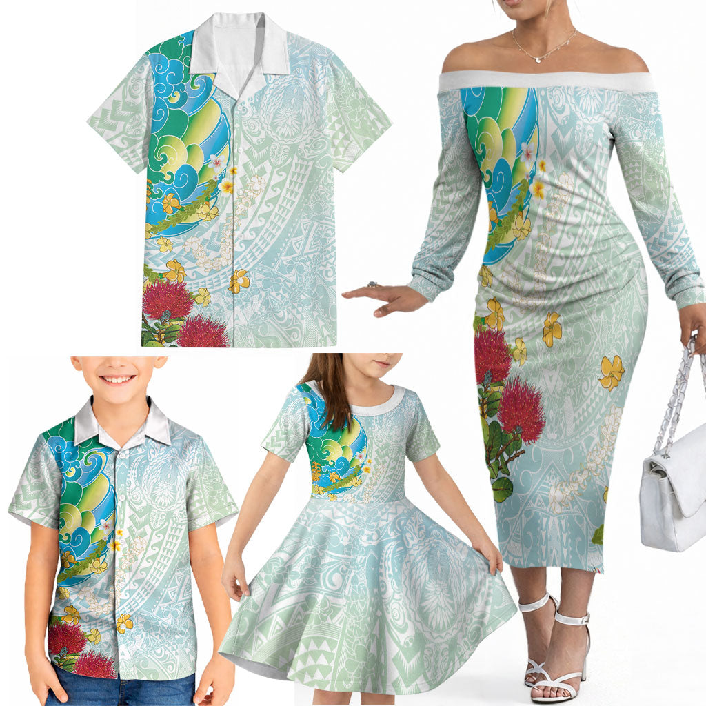 Japanese and Hawaiian Culture Fusion Family Matching Off The Shoulder Long Sleeve Dress and Hawaiian Shirt Irezumi with Turtles and Lei Kakau Pattern Fresh Vibe
