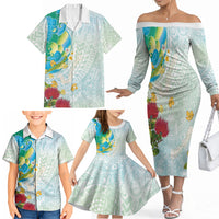 Japanese and Hawaiian Culture Fusion Family Matching Off The Shoulder Long Sleeve Dress and Hawaiian Shirt Irezumi with Turtles and Lei Kakau Pattern Fresh Vibe