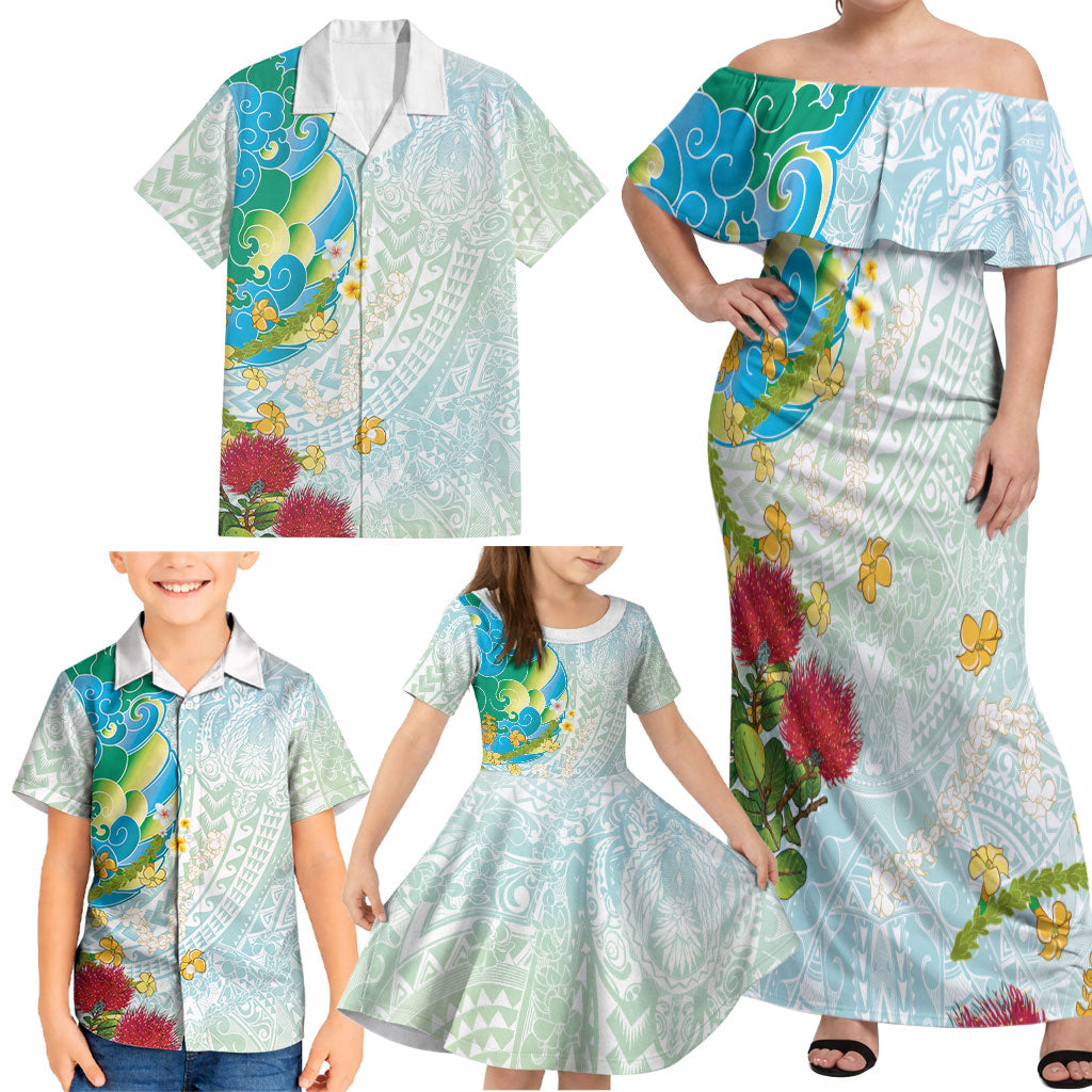 Japanese and Hawaiian Culture Fusion Family Matching Off Shoulder Maxi Dress and Hawaiian Shirt Irezumi with Turtles and Lei Kakau Pattern Fresh Vibe