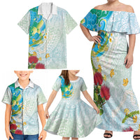 Japanese and Hawaiian Culture Fusion Family Matching Off Shoulder Maxi Dress and Hawaiian Shirt Irezumi with Turtles and Lei Kakau Pattern Fresh Vibe