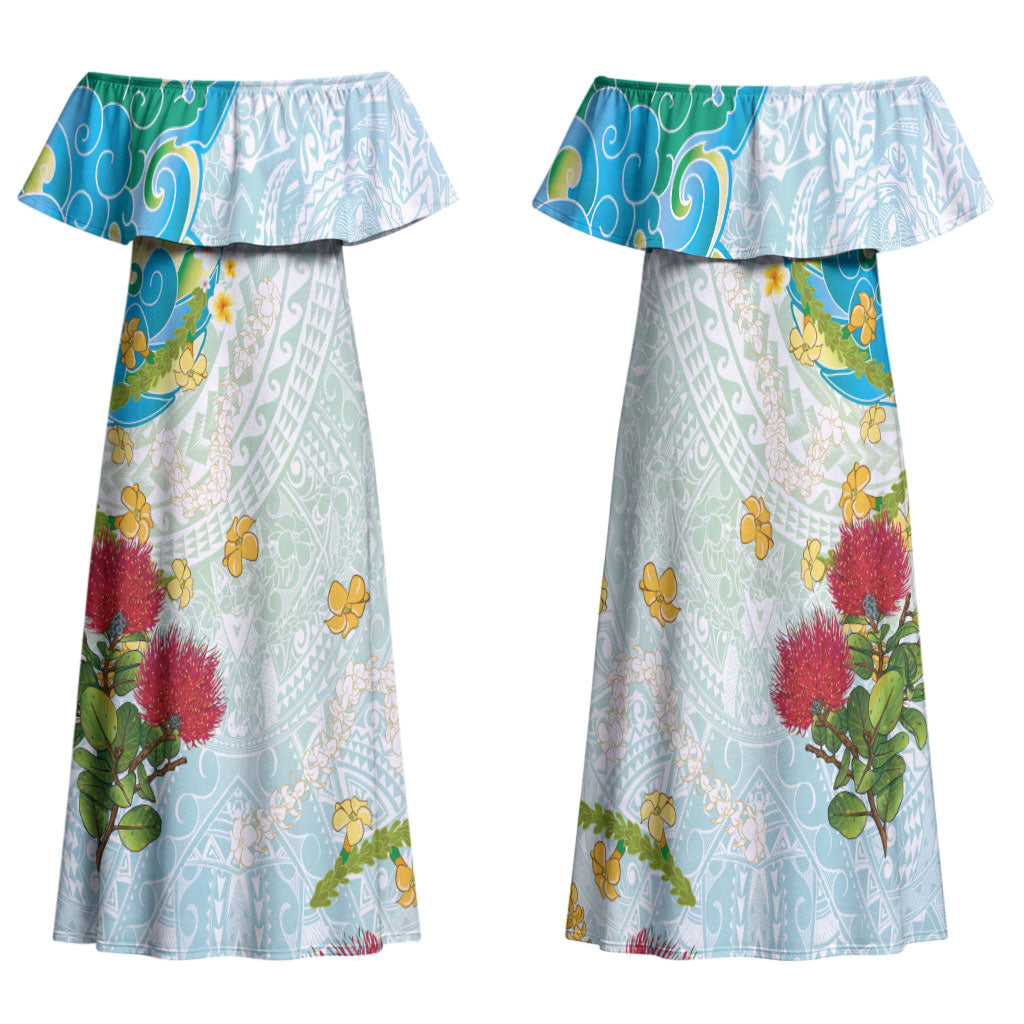 Japanese and Hawaiian Culture Fusion Family Matching Off Shoulder Maxi Dress and Hawaiian Shirt Irezumi with Turtles and Lei Kakau Pattern Fresh Vibe