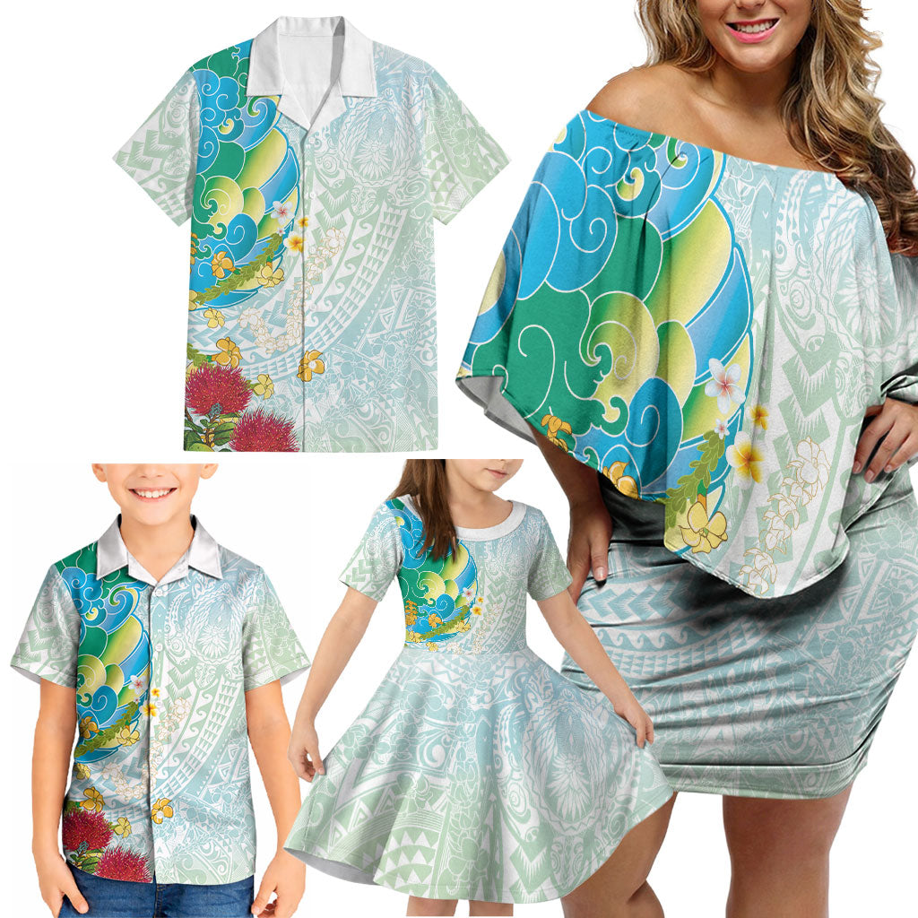 Japanese and Hawaiian Culture Fusion Family Matching Off Shoulder Short Dress and Hawaiian Shirt Irezumi with Turtles and Lei Kakau Pattern Fresh Vibe