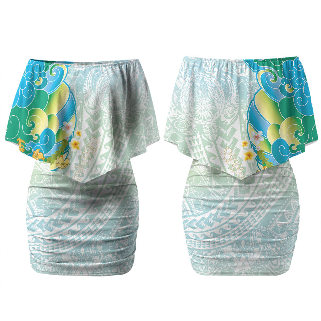 Japanese and Hawaiian Culture Fusion Family Matching Off Shoulder Short Dress and Hawaiian Shirt Irezumi with Turtles and Lei Kakau Pattern Fresh Vibe