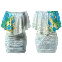 Japanese and Hawaiian Culture Fusion Family Matching Off Shoulder Short Dress and Hawaiian Shirt Irezumi with Turtles and Lei Kakau Pattern Fresh Vibe