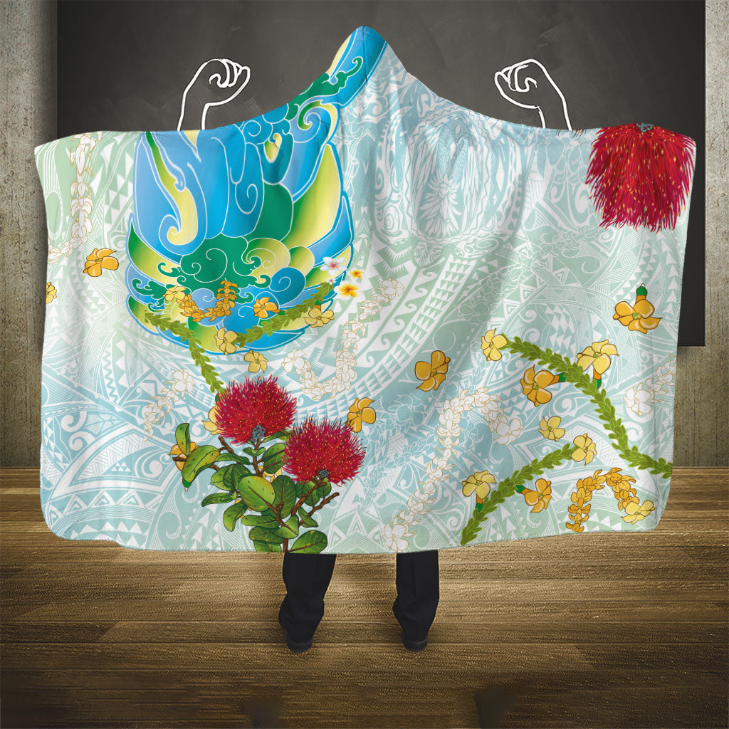 Japanese and Hawaiian Culture Fusion Hooded Blanket Irezumi with Turtles and Lei Kakau Pattern Fresh Vibe