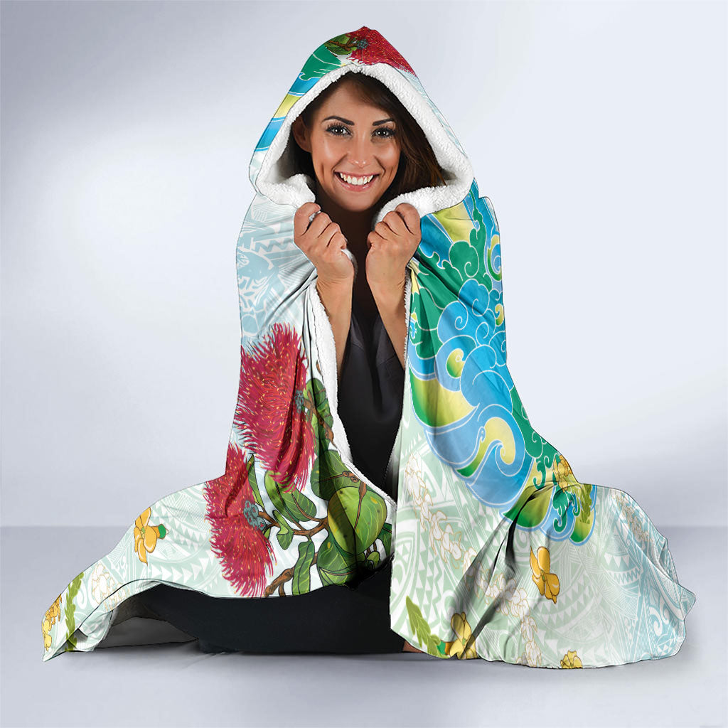Japanese and Hawaiian Culture Fusion Hooded Blanket Irezumi with Turtles and Lei Kakau Pattern Fresh Vibe