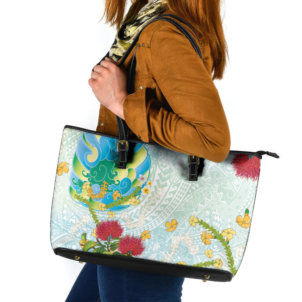 Japanese and Hawaiian Culture Fusion Leather Tote Bag Irezumi with Turtles and Lei Kakau Pattern Fresh Vibe