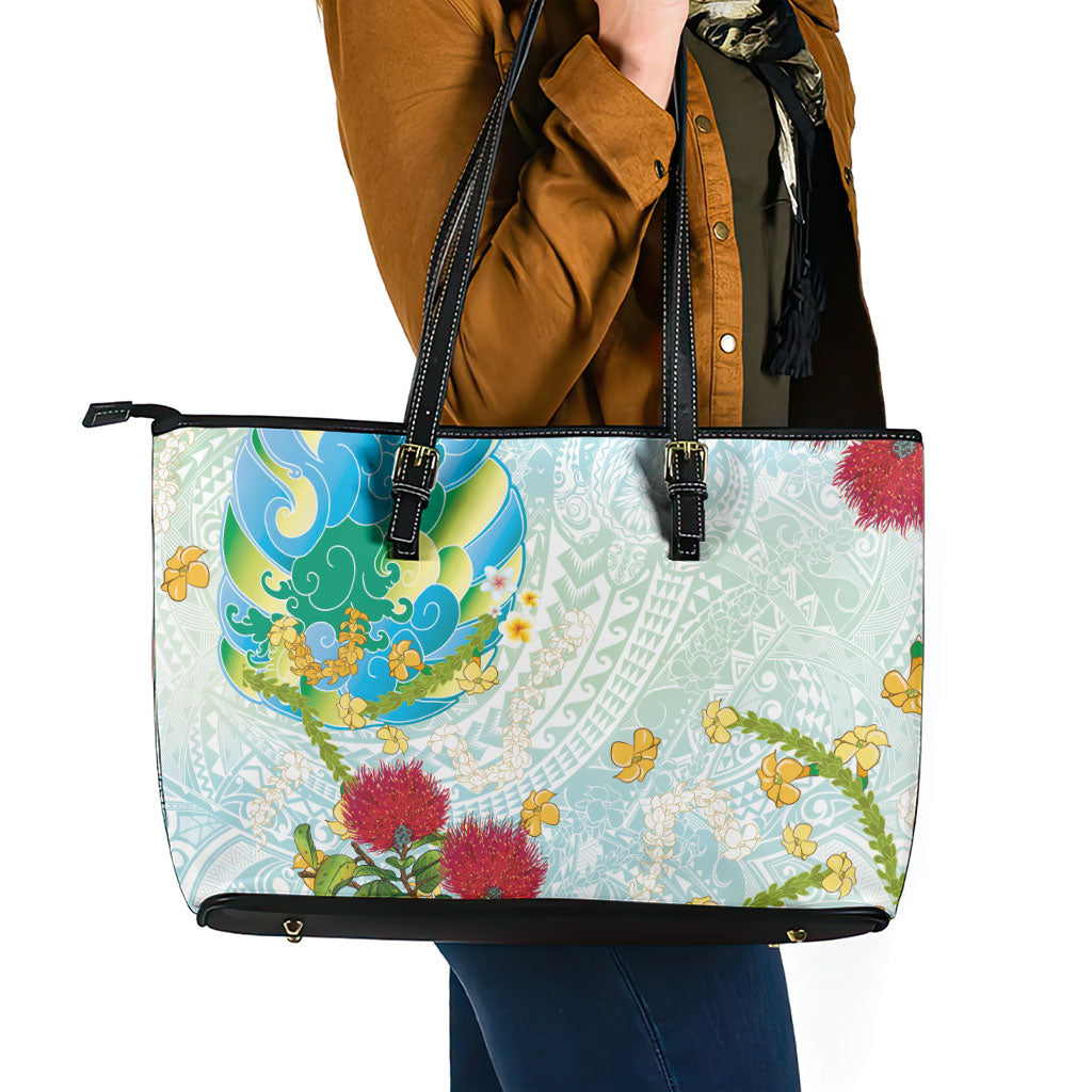 Japanese and Hawaiian Culture Fusion Leather Tote Bag Irezumi with Turtles and Lei Kakau Pattern Fresh Vibe