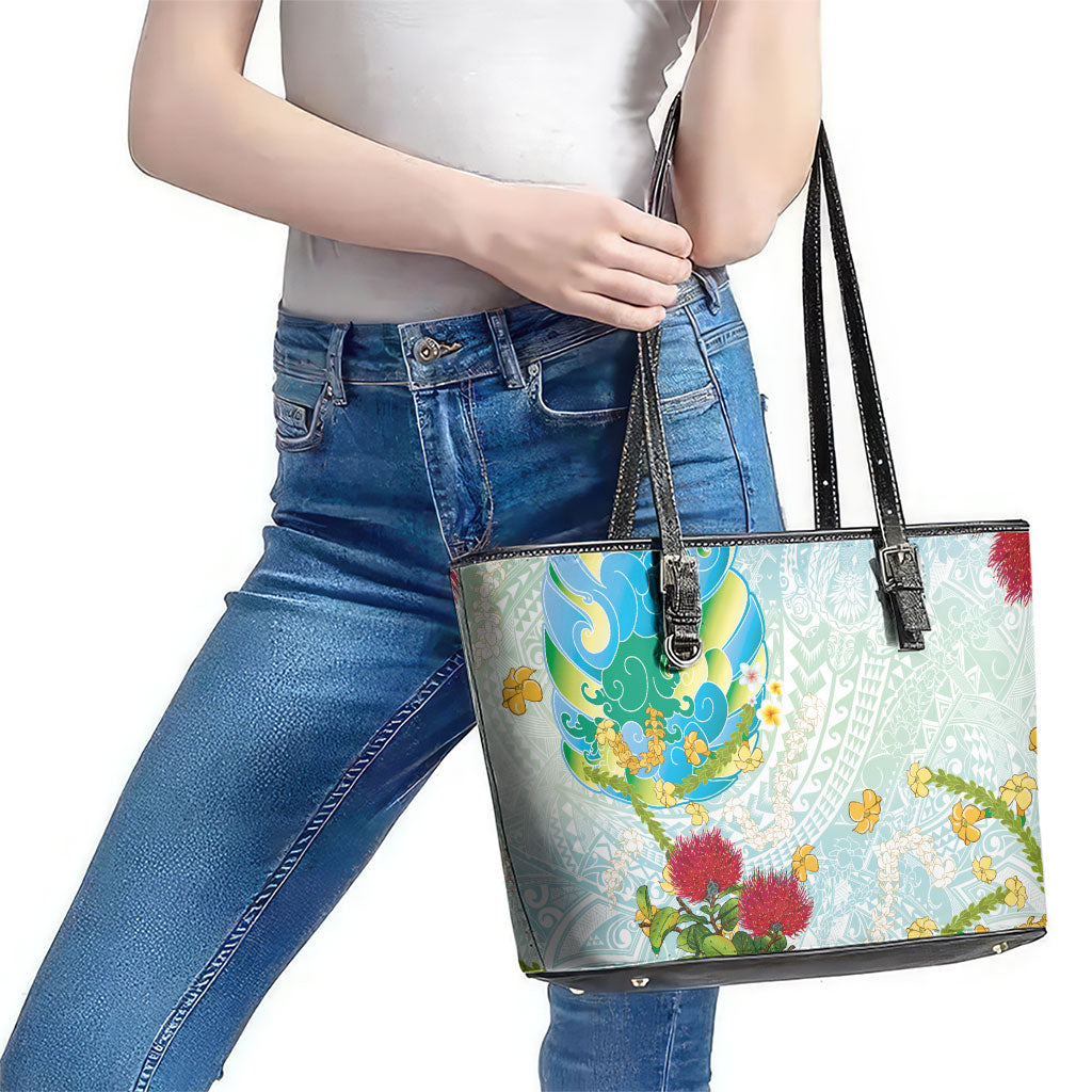 Japanese and Hawaiian Culture Fusion Leather Tote Bag Irezumi with Turtles and Lei Kakau Pattern Fresh Vibe