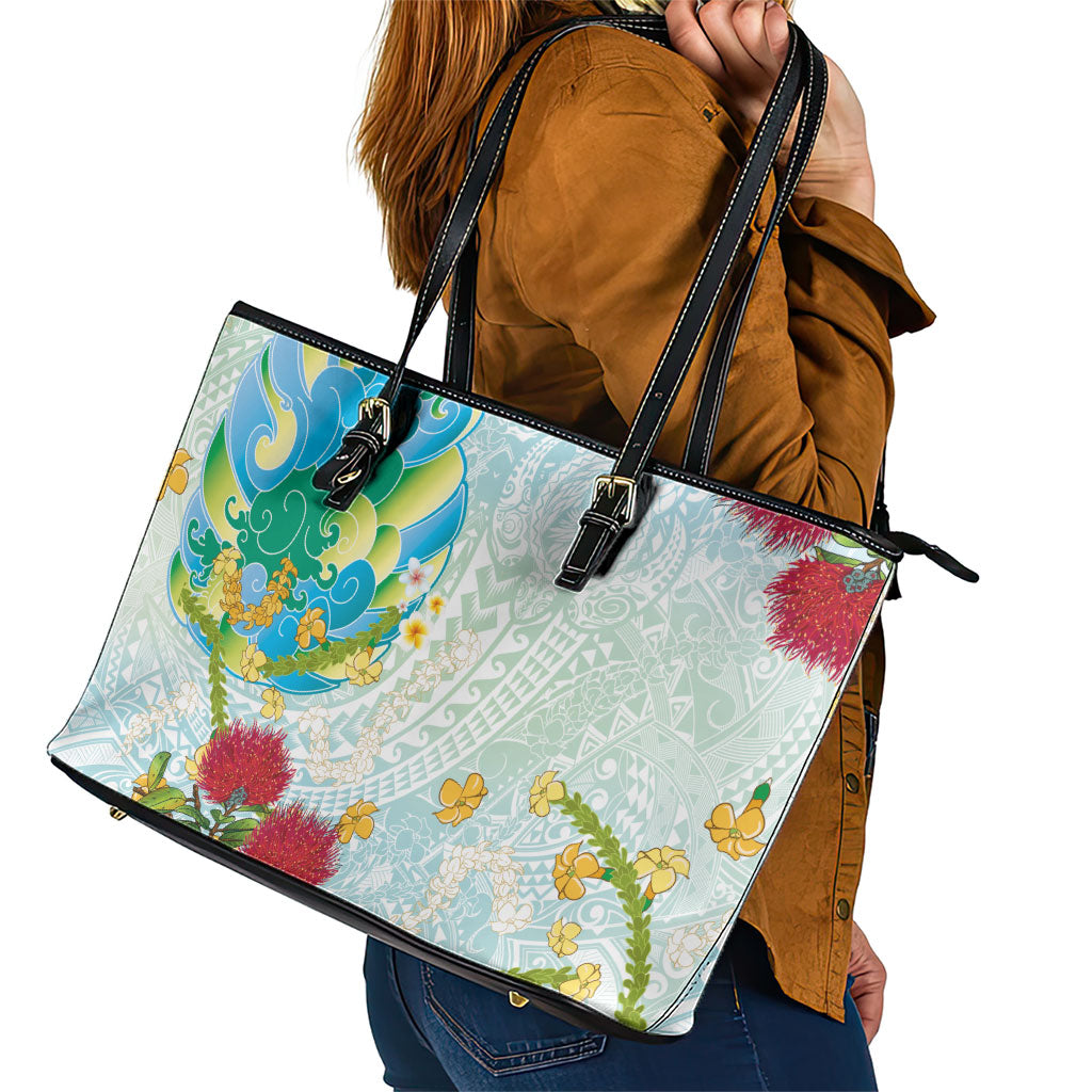 Japanese and Hawaiian Culture Fusion Leather Tote Bag Irezumi with Turtles and Lei Kakau Pattern Fresh Vibe