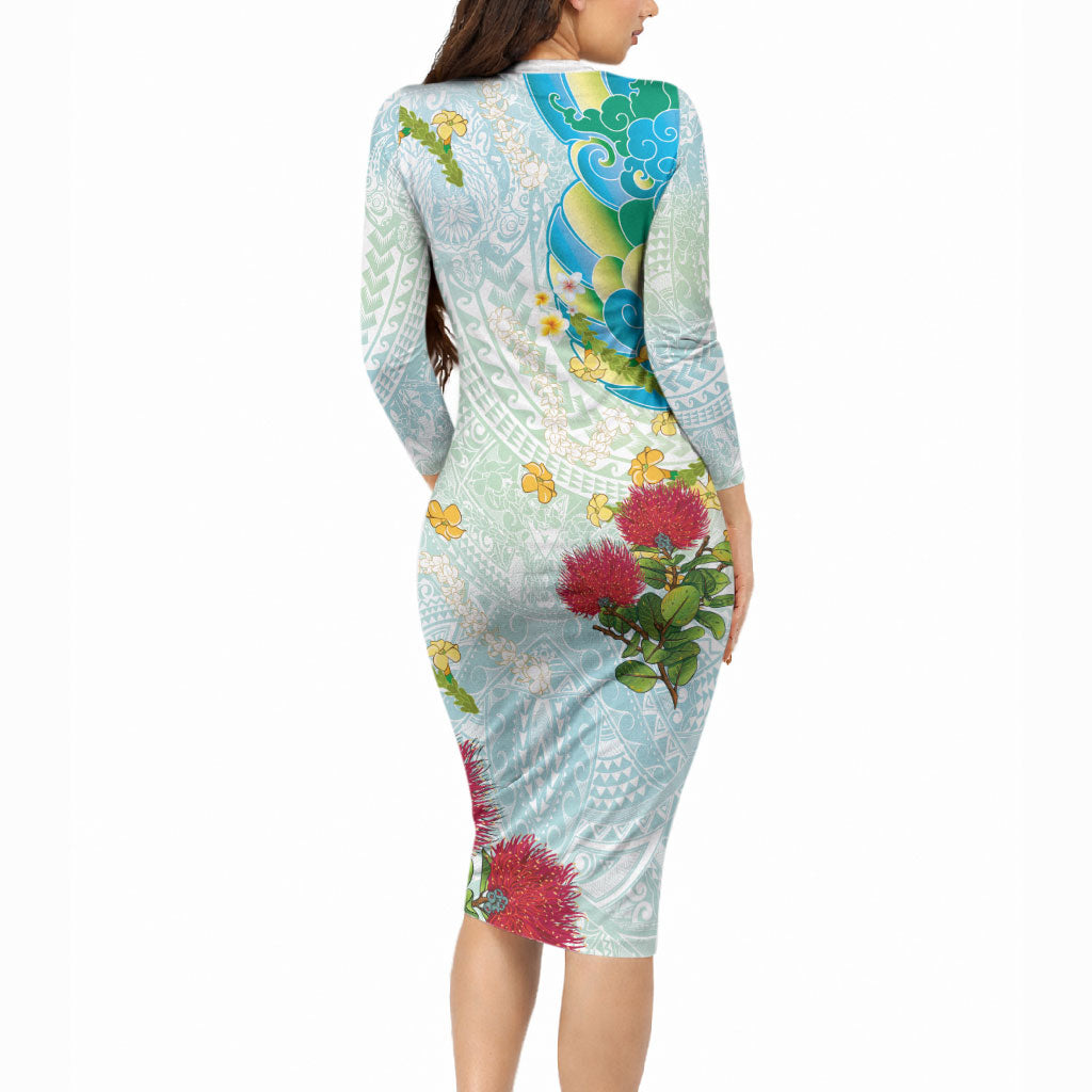 Japanese and Hawaiian Culture Fusion Long Sleeve Bodycon Dress Irezumi with Turtles and Lei Kakau Pattern Fresh Vibe