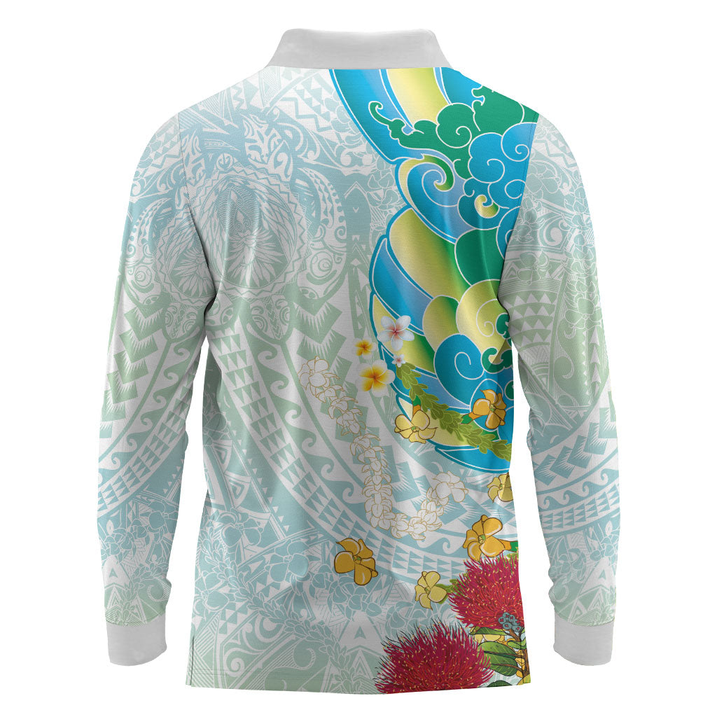 Japanese and Hawaiian Culture Fusion Long Sleeve Polo Shirt Irezumi with Turtles and Lei Kakau Pattern Fresh Vibe