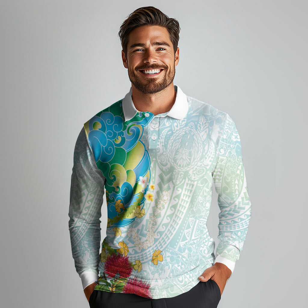 Japanese and Hawaiian Culture Fusion Long Sleeve Polo Shirt Irezumi with Turtles and Lei Kakau Pattern Fresh Vibe