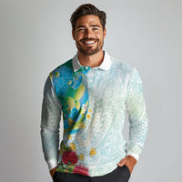 Japanese and Hawaiian Culture Fusion Long Sleeve Polo Shirt Irezumi with Turtles and Lei Kakau Pattern Fresh Vibe