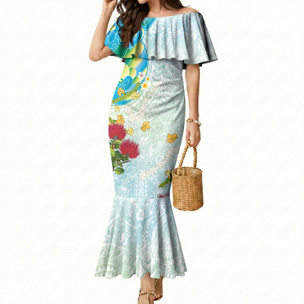 Japanese and Hawaiian Culture Fusion Mermaid Dress Irezumi with Turtles and Lei Kakau Pattern Fresh Vibe