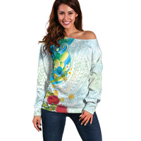Japanese and Hawaiian Culture Fusion Off Shoulder Sweater Irezumi with Turtles and Lei Kakau Pattern Fresh Vibe
