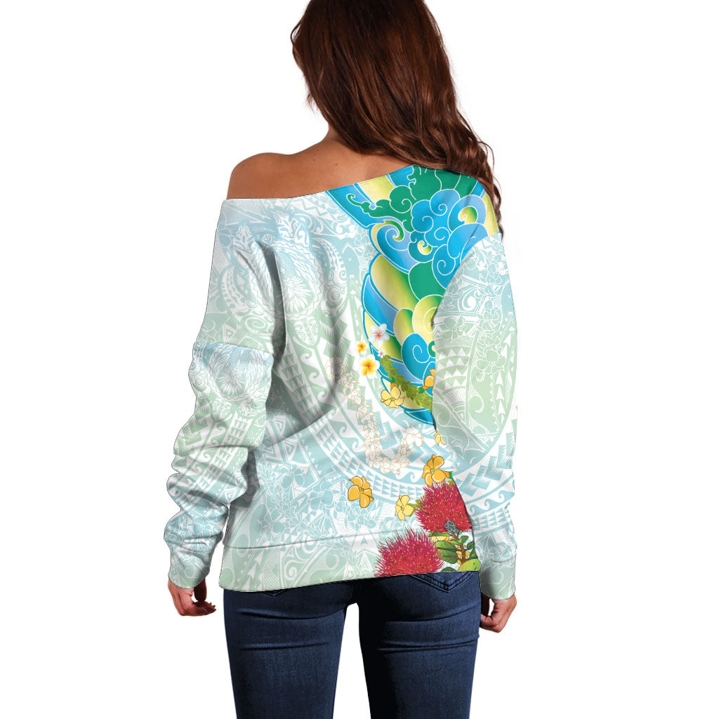 Japanese and Hawaiian Culture Fusion Off Shoulder Sweater Irezumi with Turtles and Lei Kakau Pattern Fresh Vibe