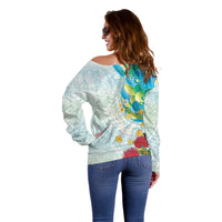 Japanese and Hawaiian Culture Fusion Off Shoulder Sweater Irezumi with Turtles and Lei Kakau Pattern Fresh Vibe