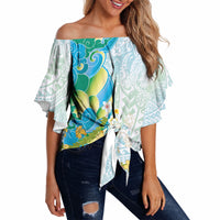 Japanese and Hawaiian Culture Fusion Off Shoulder Wrap Waist Top Irezumi with Turtles and Lei Kakau Pattern Fresh Vibe