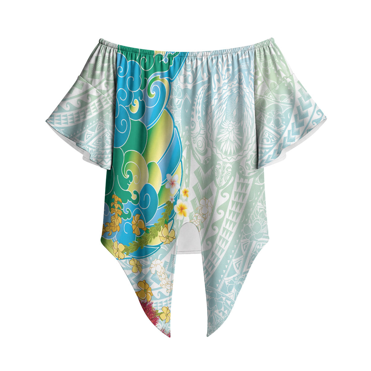 Japanese and Hawaiian Culture Fusion Off Shoulder Wrap Waist Top Irezumi with Turtles and Lei Kakau Pattern Fresh Vibe