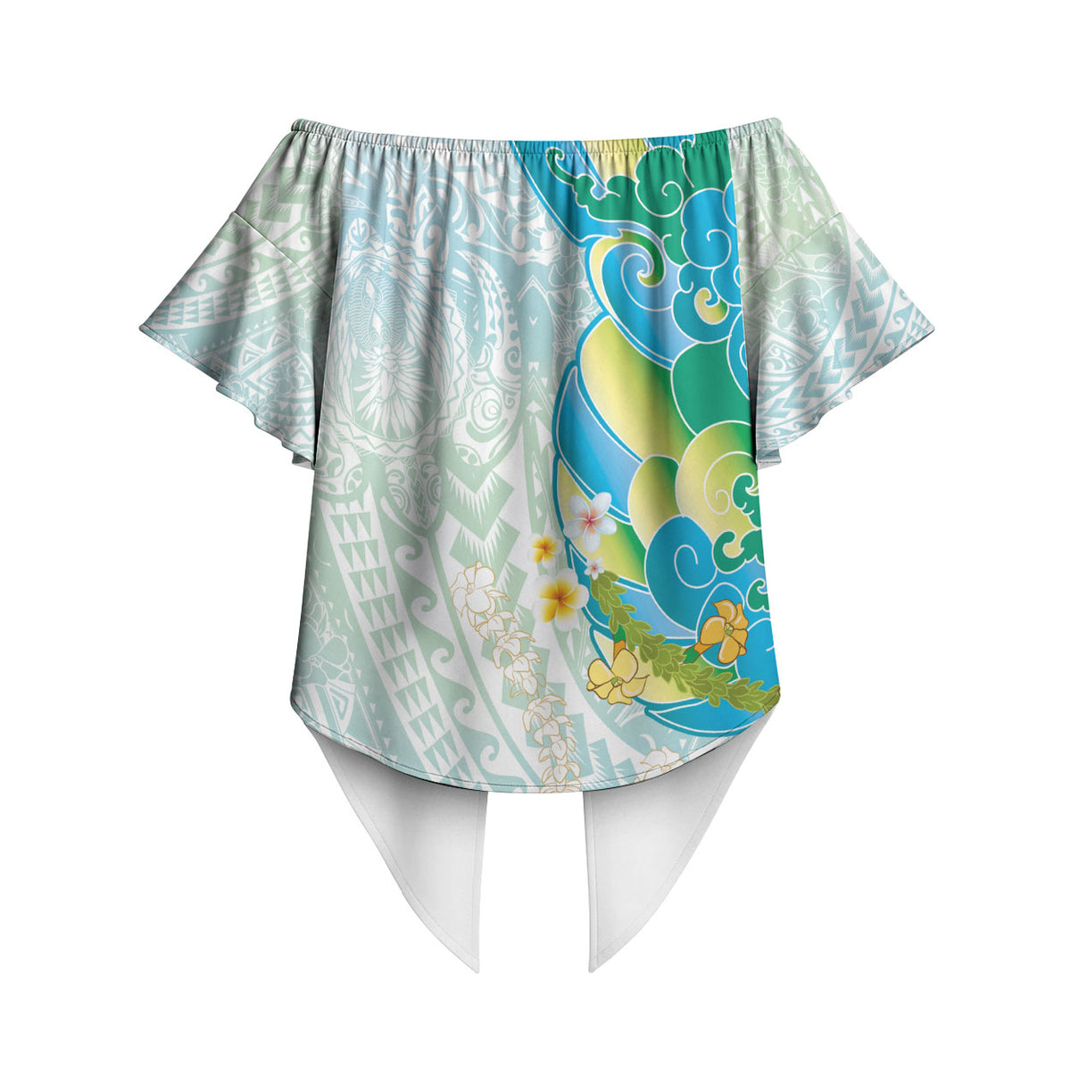 Japanese and Hawaiian Culture Fusion Off Shoulder Wrap Waist Top Irezumi with Turtles and Lei Kakau Pattern Fresh Vibe