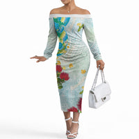Japanese and Hawaiian Culture Fusion Off The Shoulder Long Sleeve Dress Irezumi with Turtles and Lei Kakau Pattern Fresh Vibe